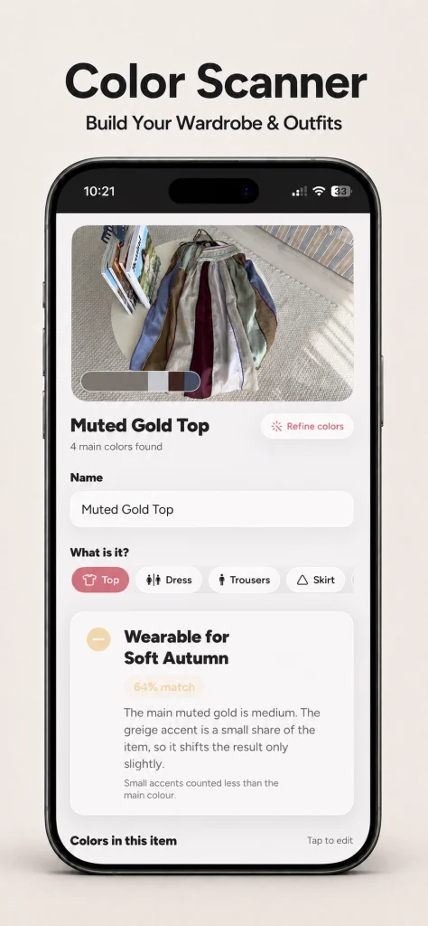 Color Analysis — garment color scanner reading a top against your palette
