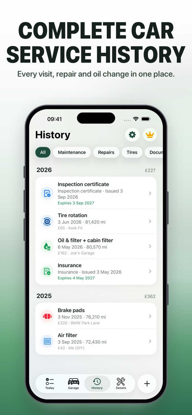Complete car service history timeline