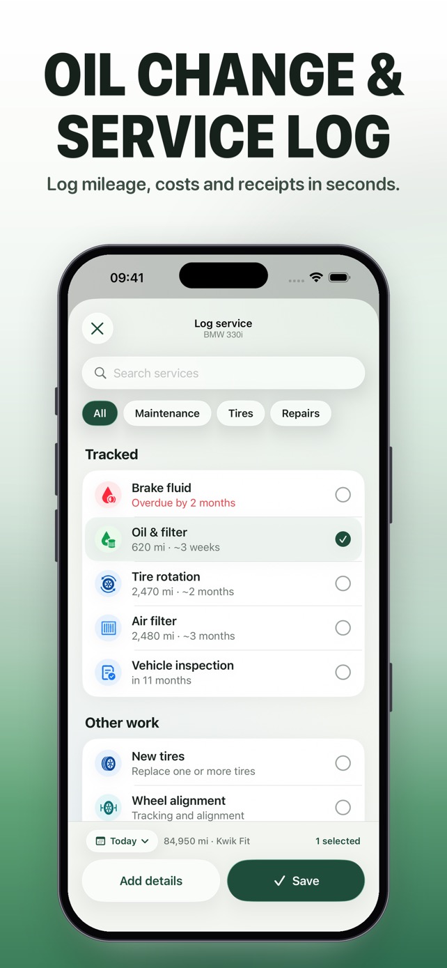 Logging an oil change with mileage and receipt
