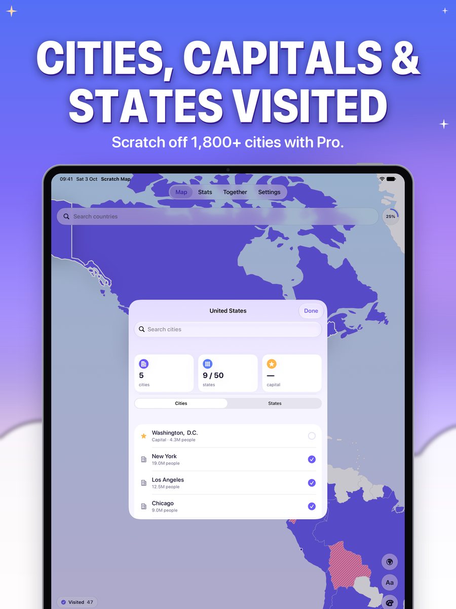 Cities and states visited on iPad