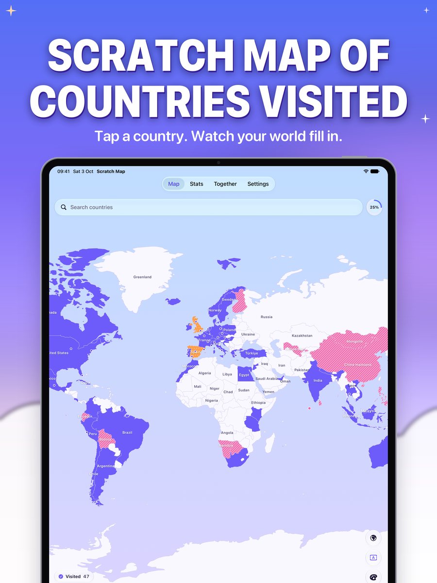 Scratch Map on iPad: world map of countries visited